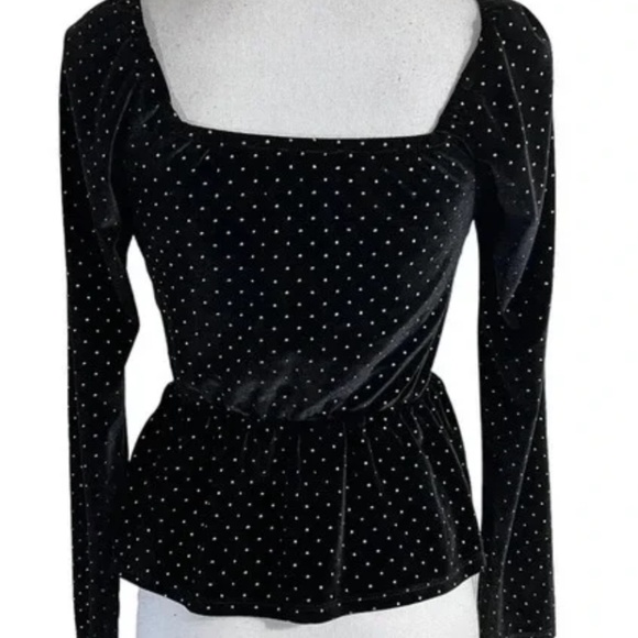 Aqua Black Velour Peplum Blouse Size S Gold Studs Keyhole Long Sleeves Cocktail - Picture 5 of 9